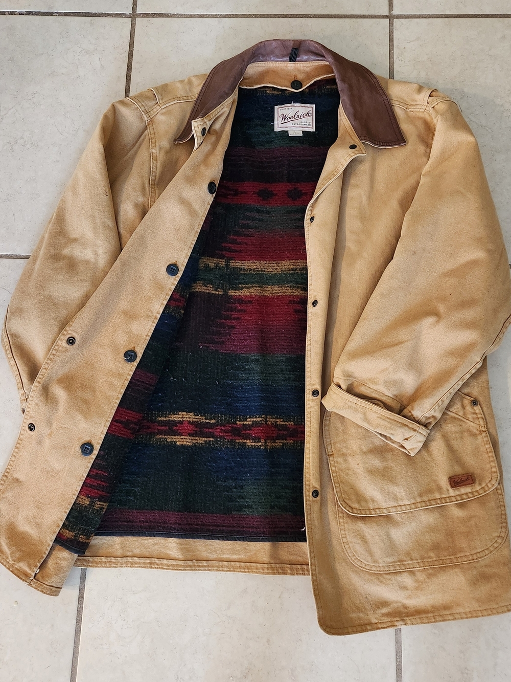 Vtg Woolrich Aztec Wool Blanket Lined Brown Heavy Canvas  Snap Jacket Ladies  L